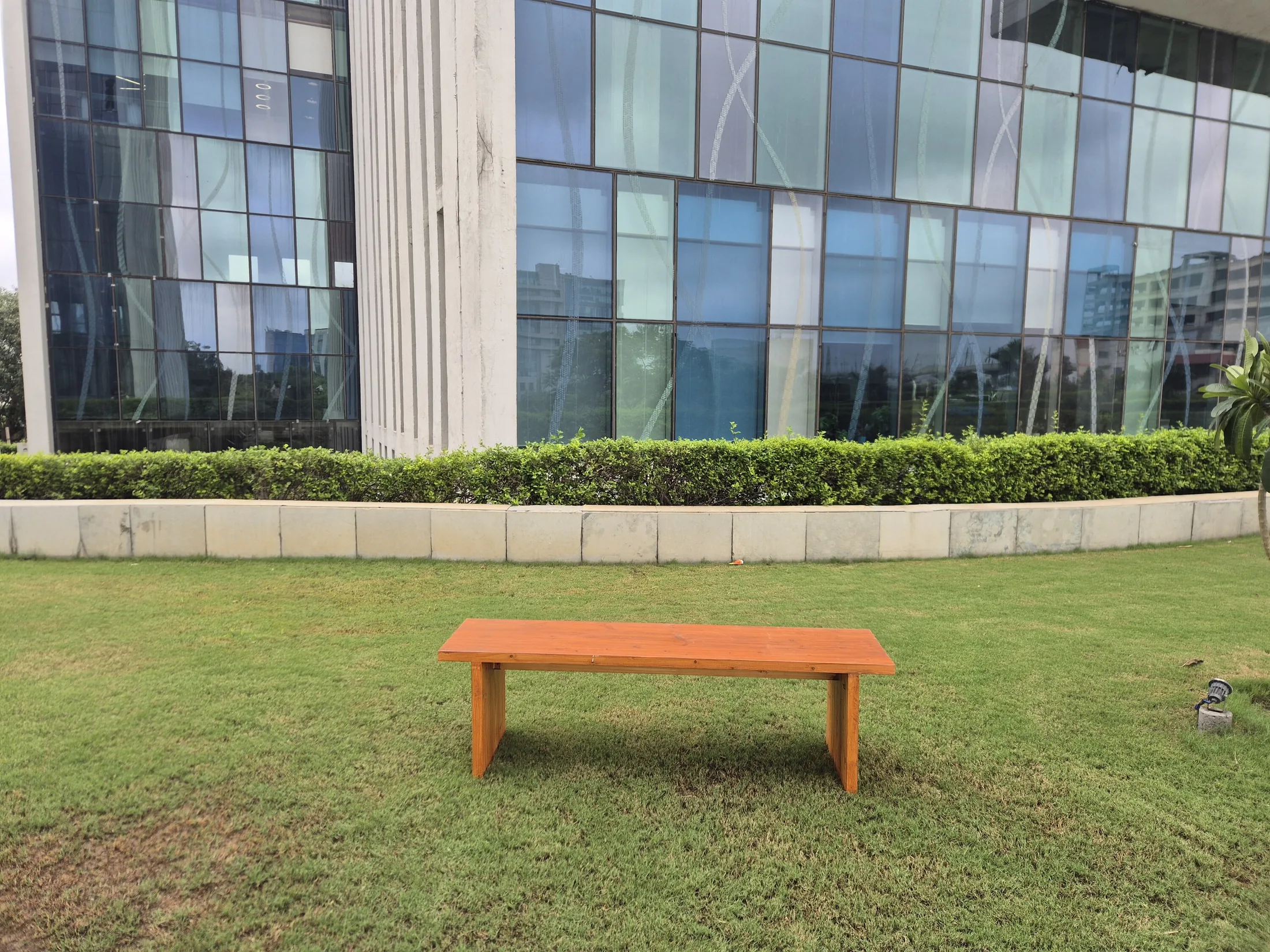 Orange Brown Wooden Plank Low Bench — Furniture prop for rent in Delhi NCR