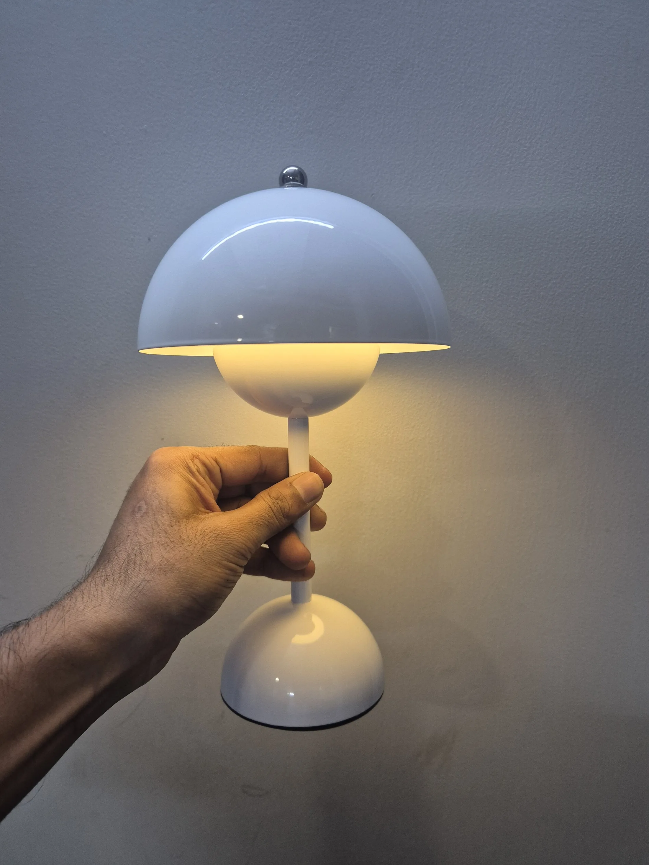 White Glossy Mushroom Dome Table Lamp — Lighting prop for rent in Delhi NCR