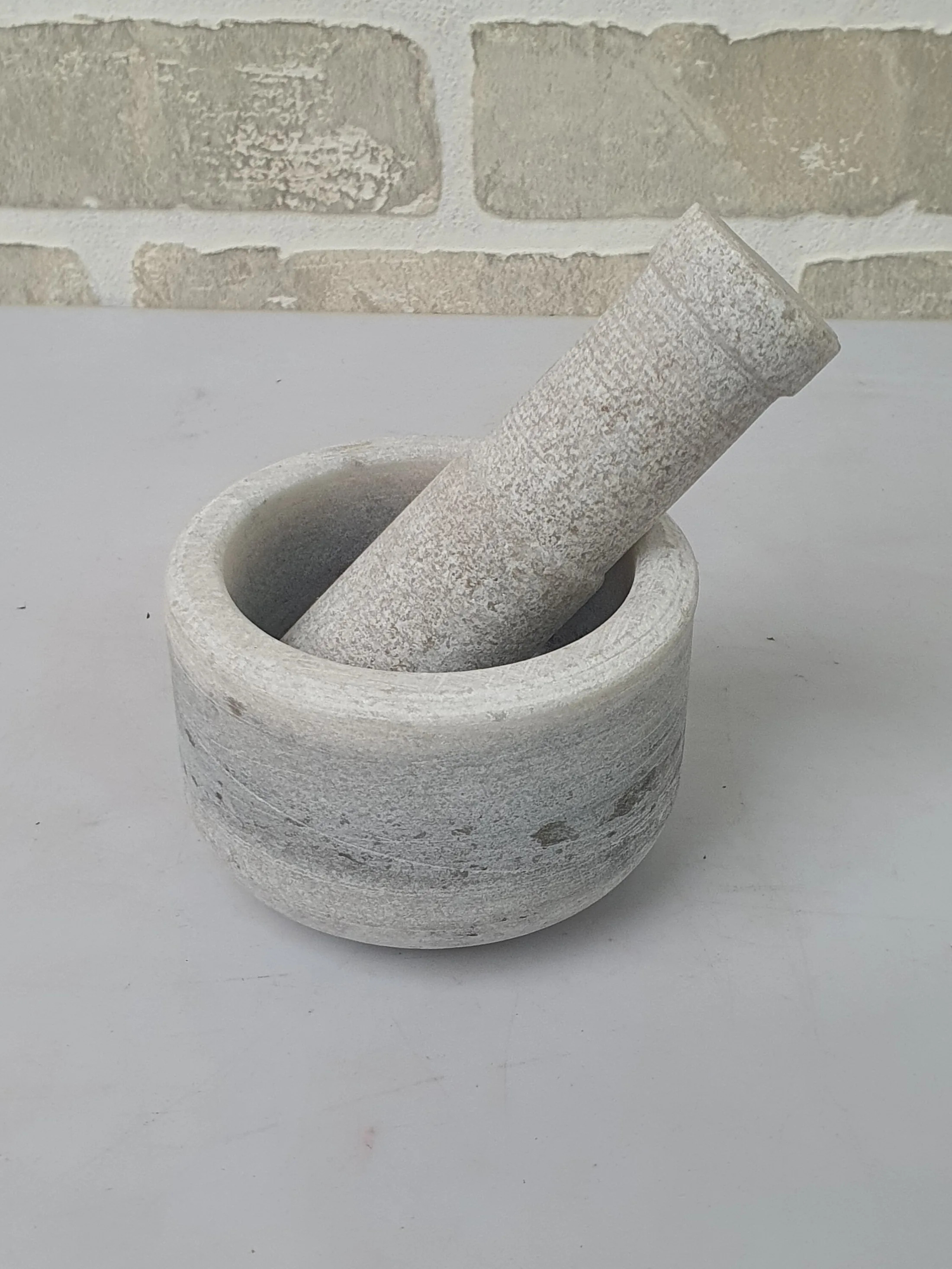 Grey White Marble Mortar And Pestle — Kitchen and Dining prop for rent in Delhi NCR