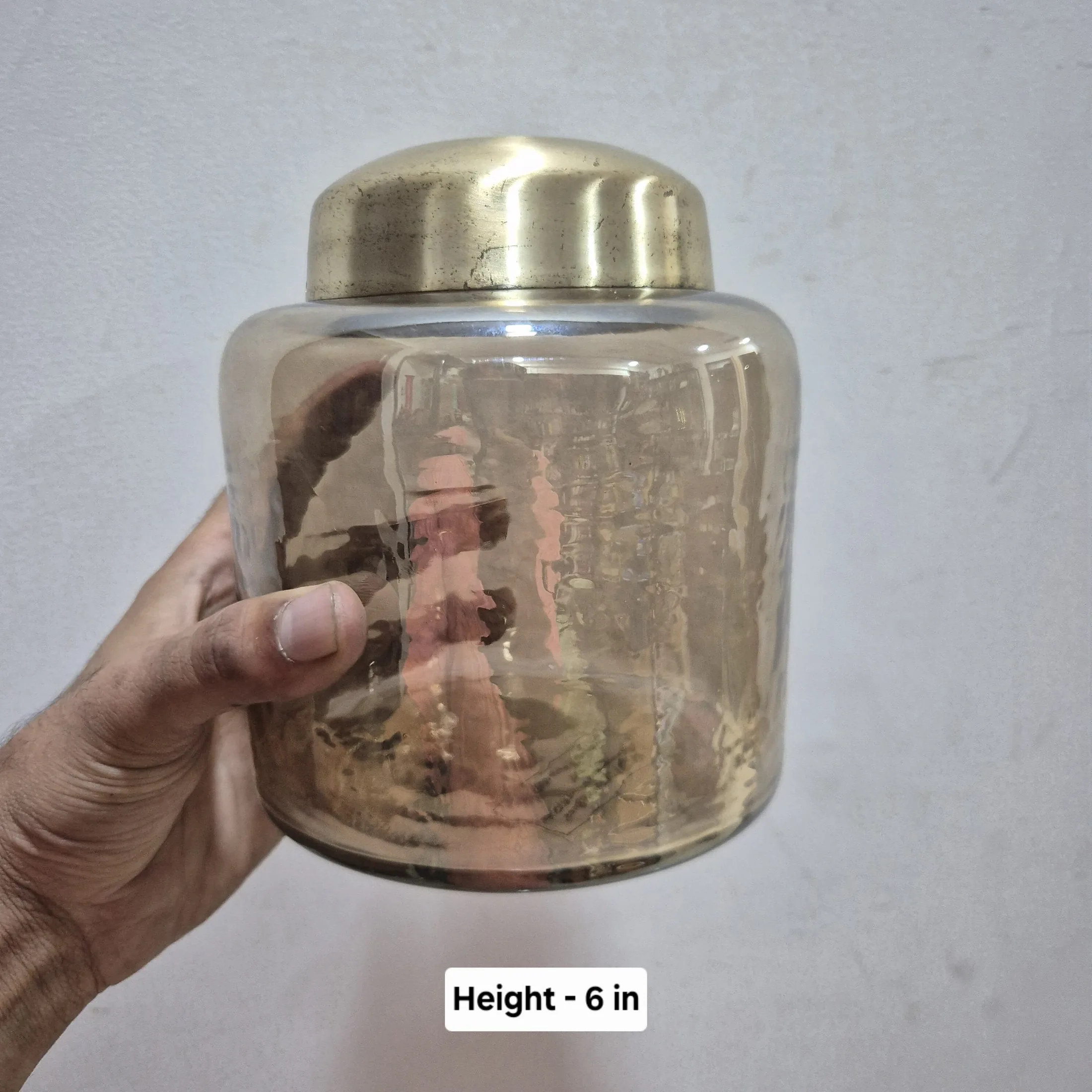 Amber Glass Jar With Brass Lid — Kitchen and Dining prop for rent in Delhi NCR