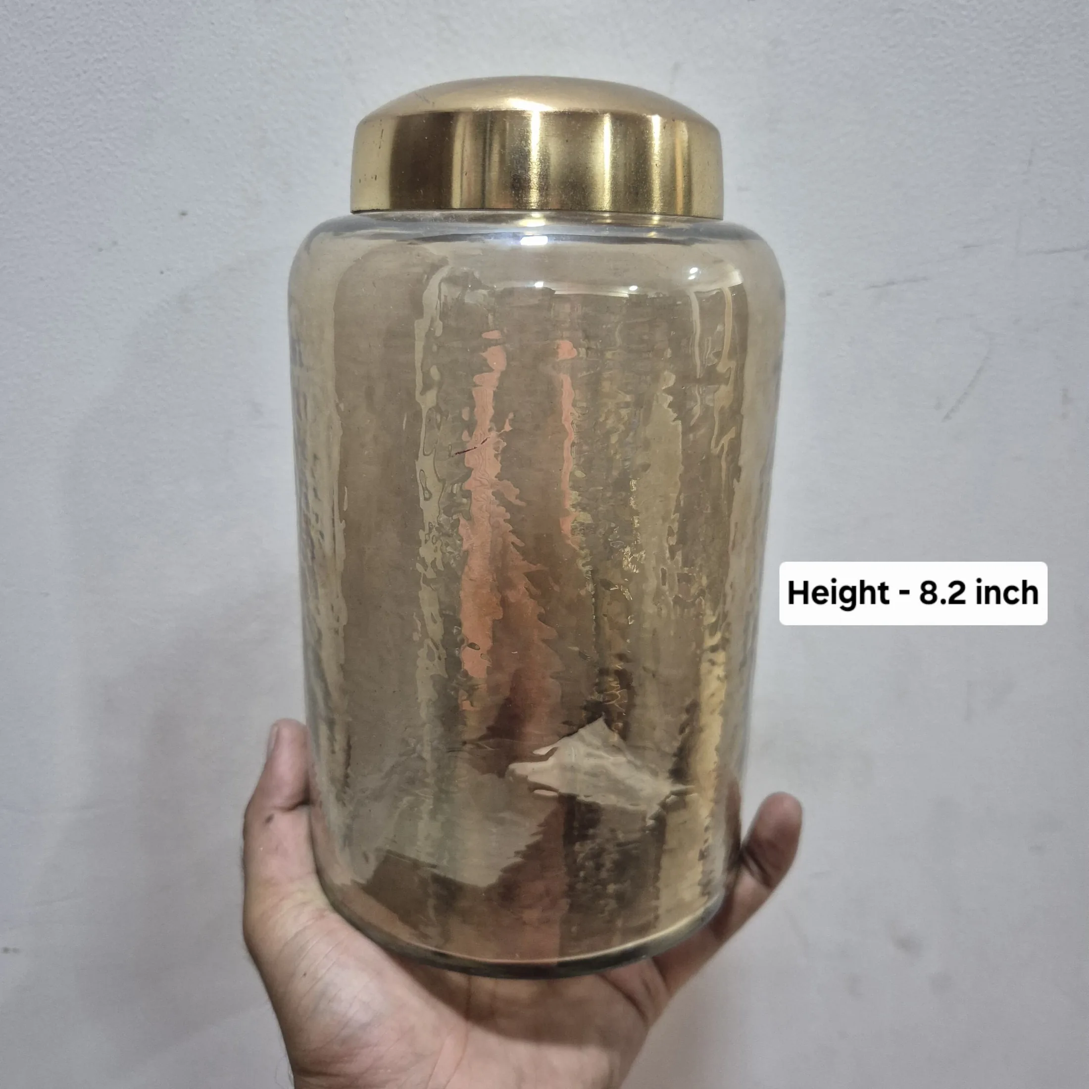 Tall Amber Glass Jar With Brass Lid — Kitchen and Dining prop for rent in Delhi NCR