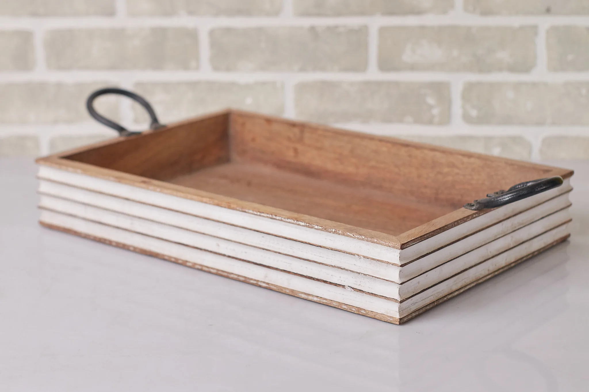 Natural Wood Serving Tray With Black Handles — Kitchen and Dining prop for rent in Delhi NCR