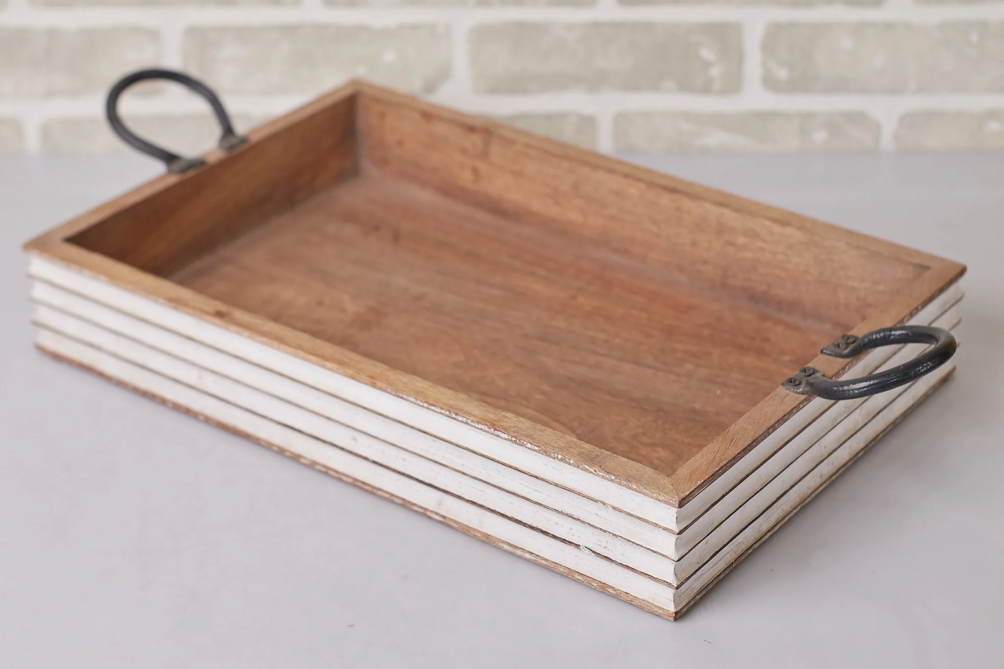 Natural Wood Serving Tray With Black Handles — Kitchen and Dining prop for rent in Delhi NCR
