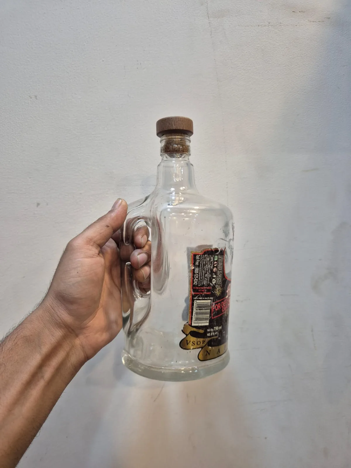 Brandy Jug Bottle Clear Glass Handle VSOP Napoleon Vintage — Bar and Glassware prop for rent in Delhi NCR