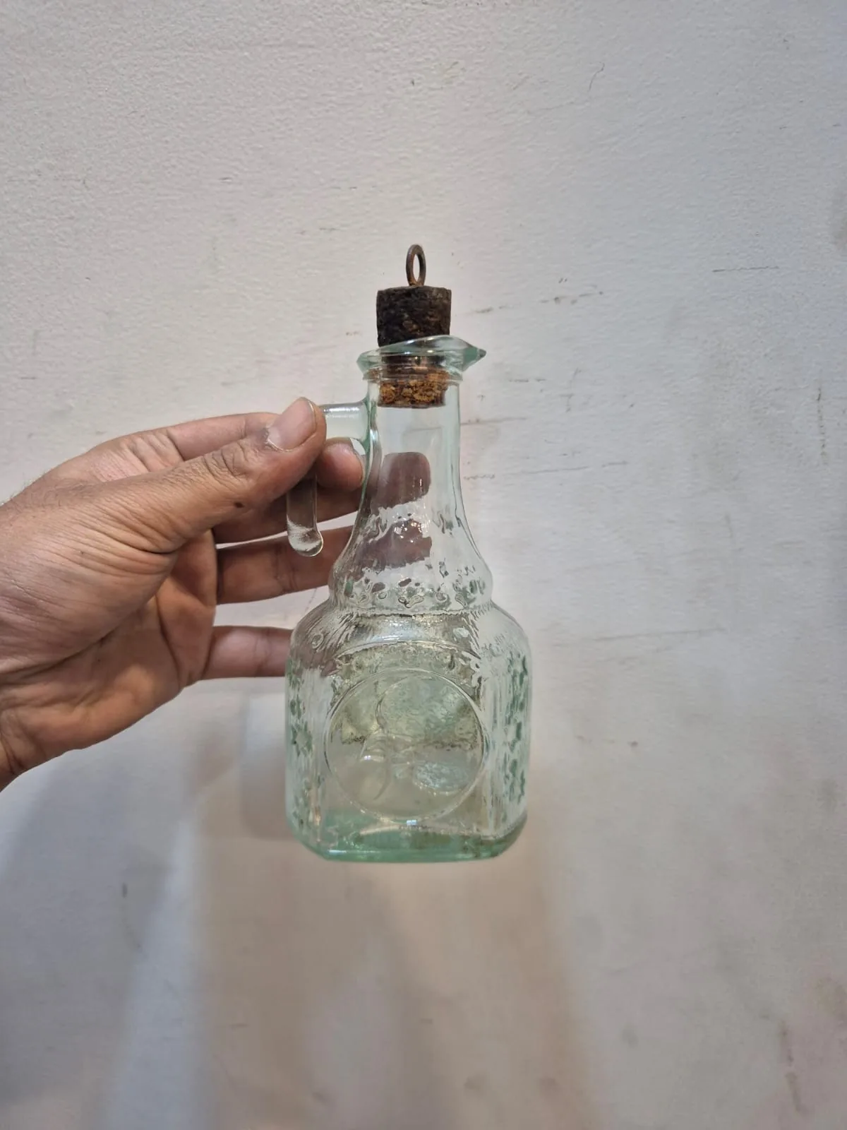 Oil Cruet Bottle Clear Glass Handle Cork Stopper Vintage — Bar and Glassware prop for rent in Delhi NCR