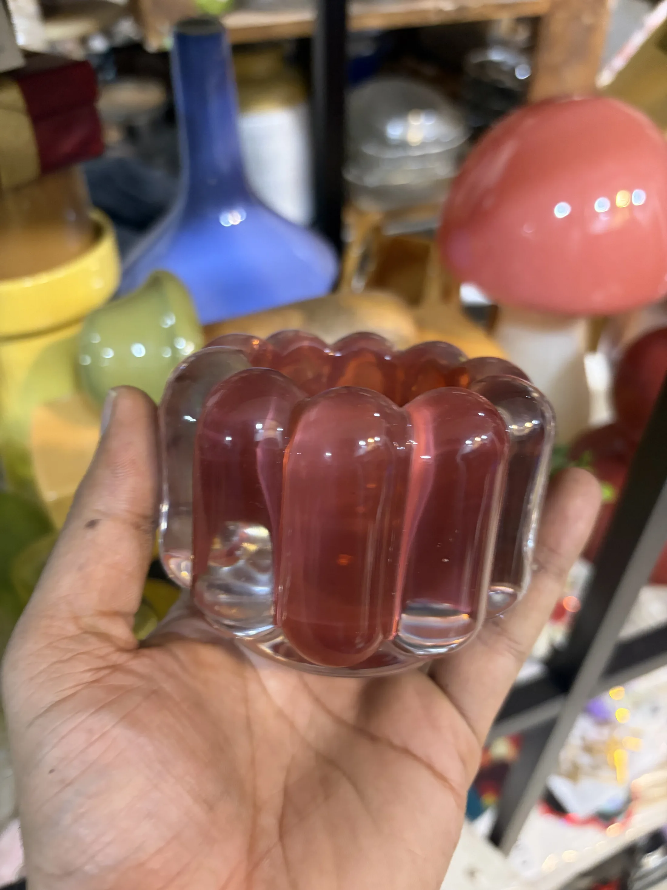 Pink Tinted Glass Ribbed Candle Holder — Home Decor prop for rent in Delhi NCR