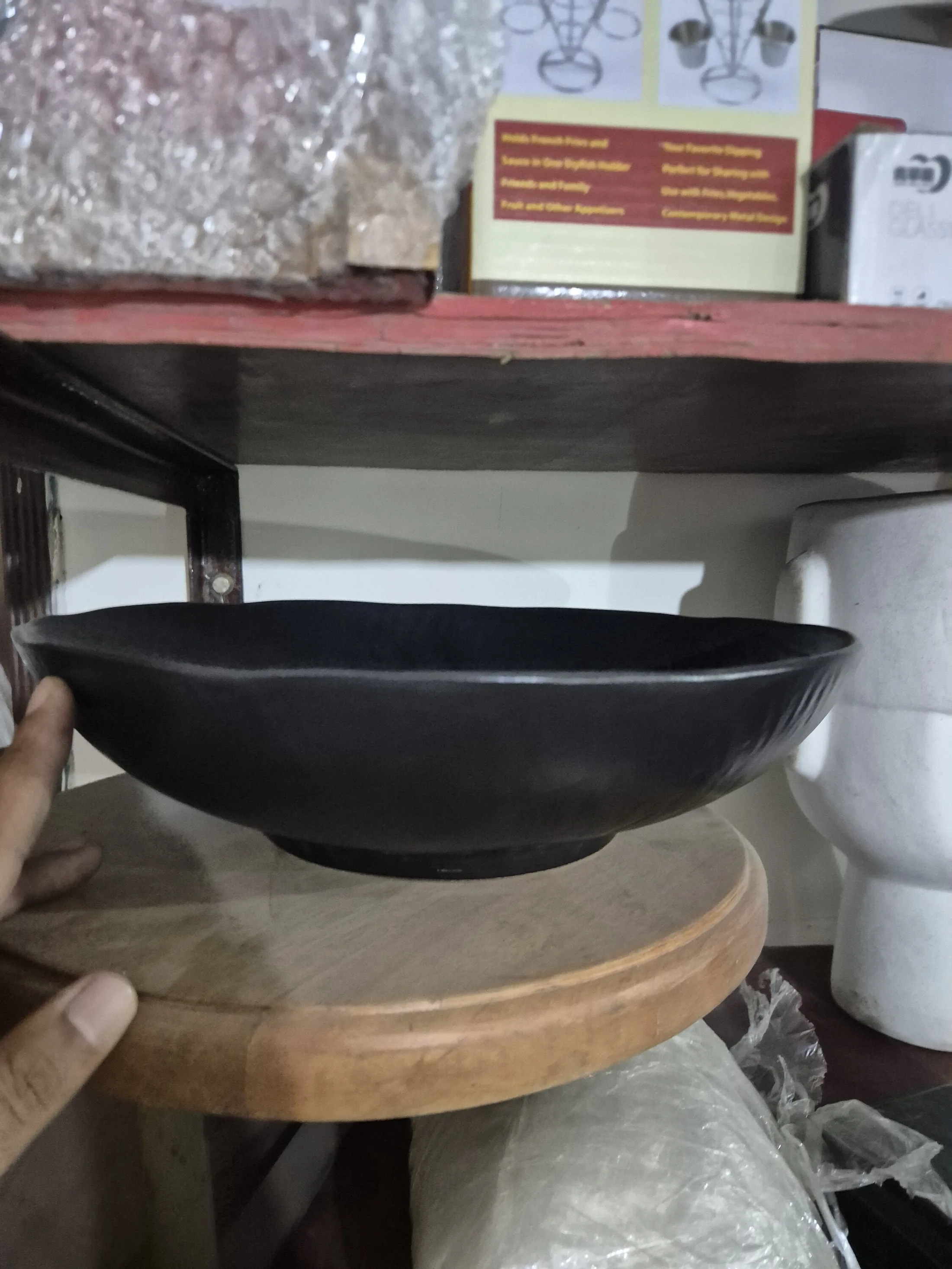 Black Matte Ceramic Shallow Bowl — Home Decor prop for rent in Delhi NCR