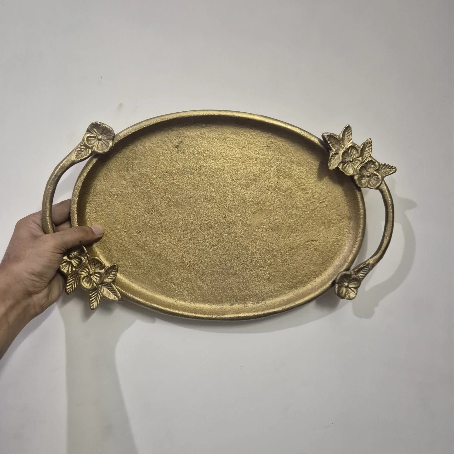 Gold Oval Metal Tray with Floral Bee Handles — Home Decor prop for rent in Delhi NCR