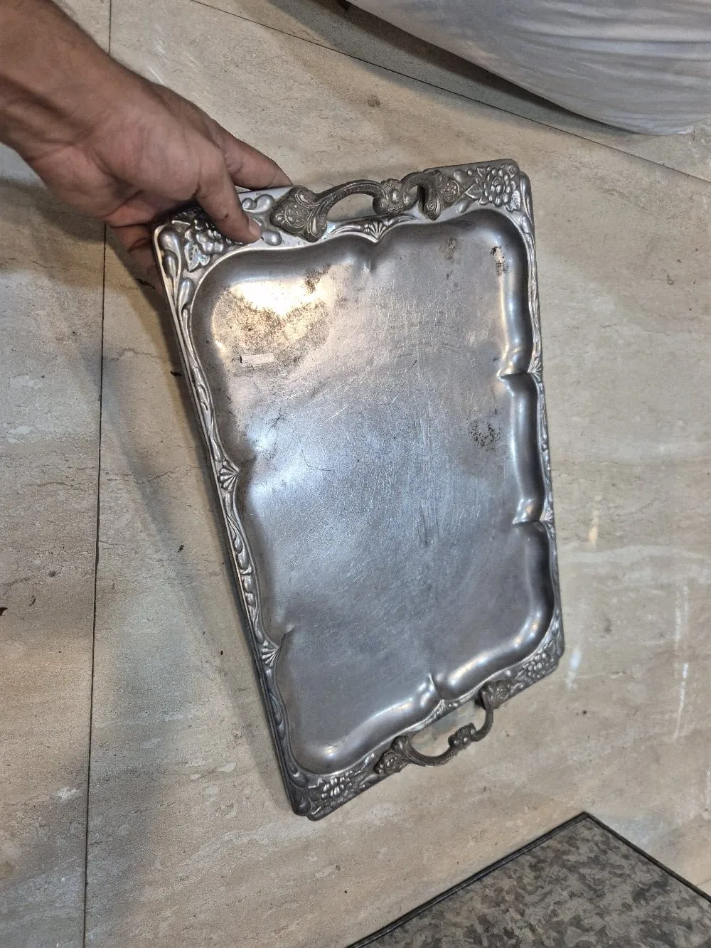 Vintage Silver Ornate Rectangular Serving Tray with Handles — Home Decor prop for rent in Delhi NCR