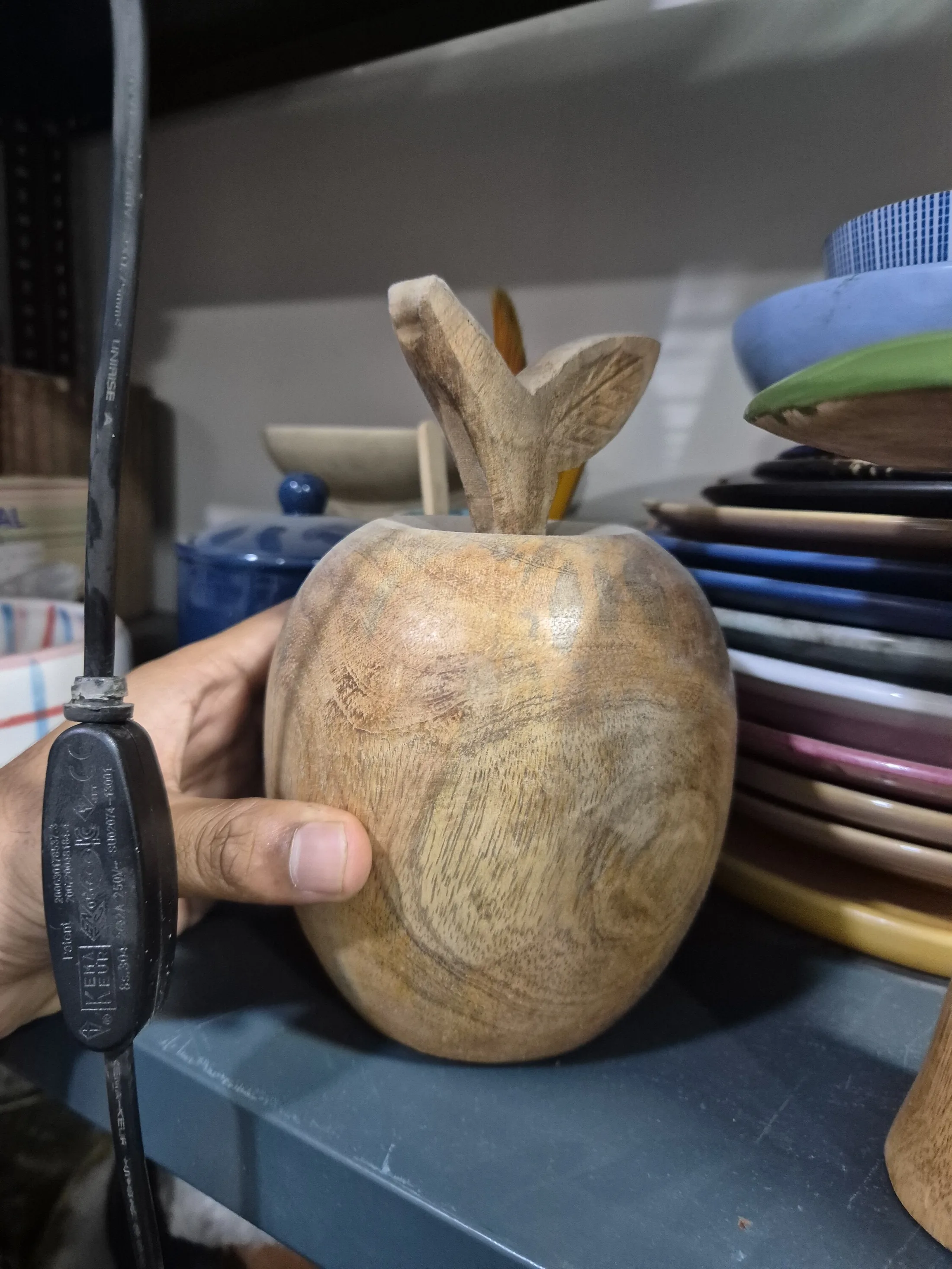 Carved Wooden Apple Showpiece with Stem — Home Decor prop for rent in Delhi NCR