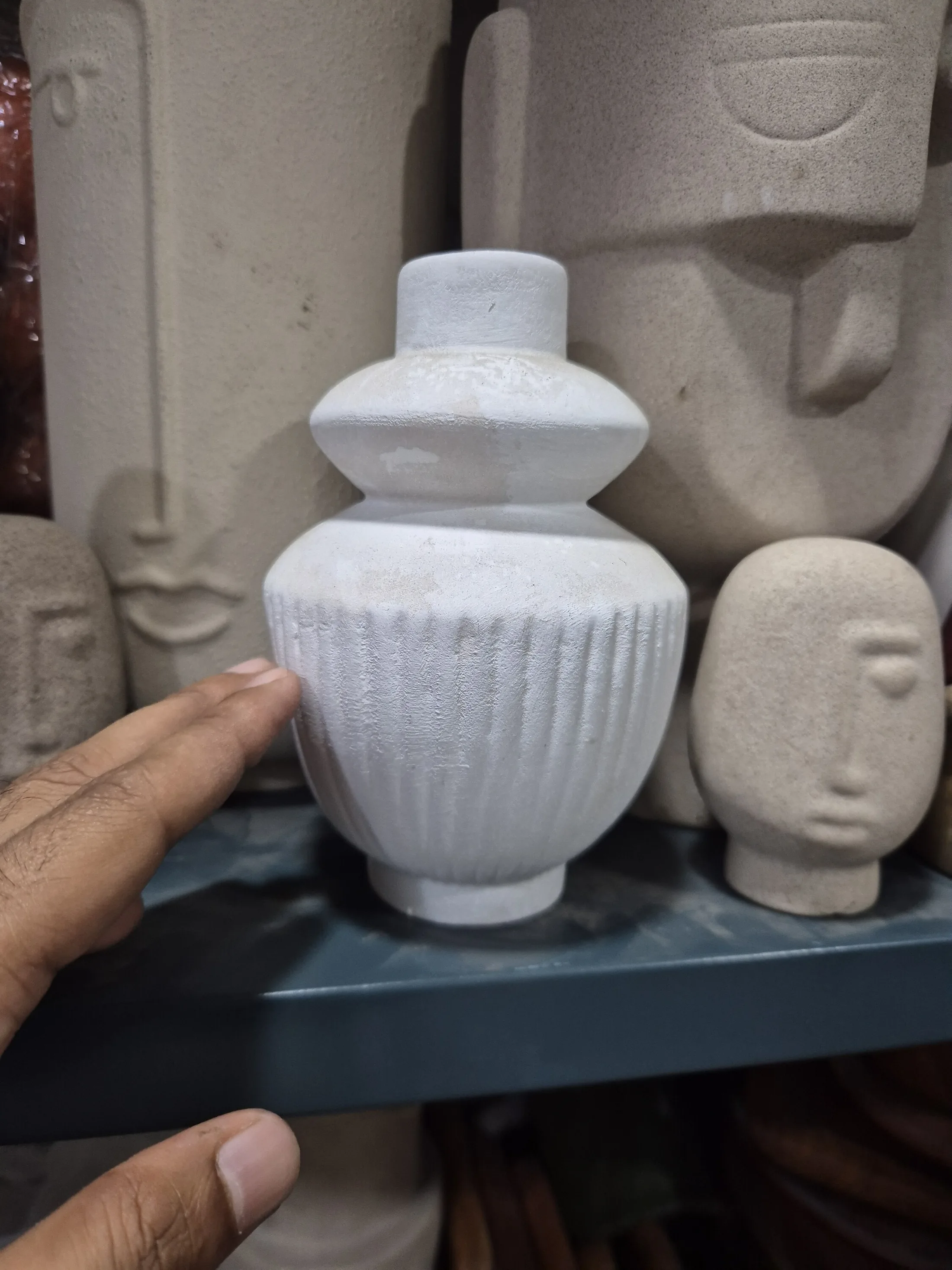 White Ribbed Stoneware Urn Vase — Home Decor prop for rent in Delhi NCR