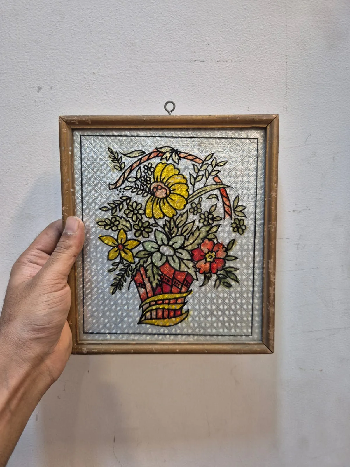 Glitter Gold Frame Floral Basket Bouquet Framed Wall Art — Wall Decor and Art prop for rent in Delhi NCR