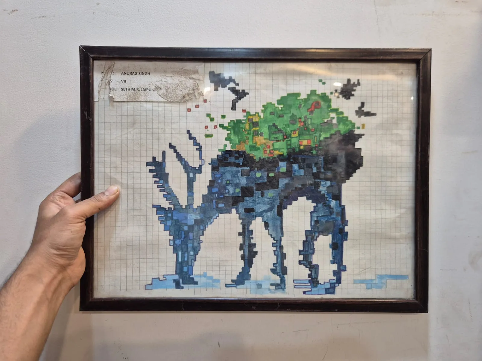 Pixel Elephant School Project Cross Stitch Framed Wall Art — Wall Decor and Art prop for rent in Delhi NCR