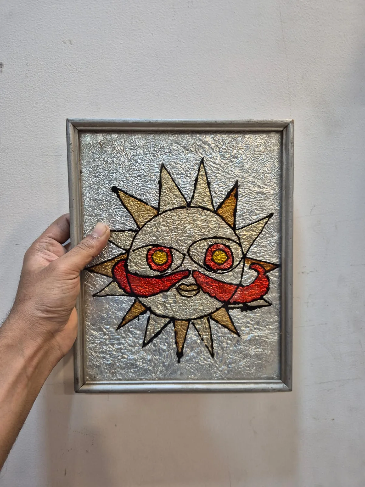 Silver Frame Sun Face Mosaic Framed Wall Art — Wall Decor and Art prop for rent in Delhi NCR