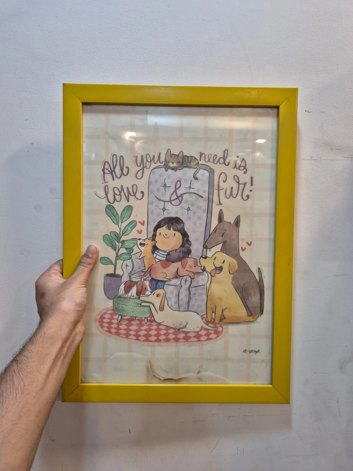 Yellow Frame Love and Fur Cartoon Dogs Framed Wall Art — Wall Decor and Art prop for rent in Delhi NCR