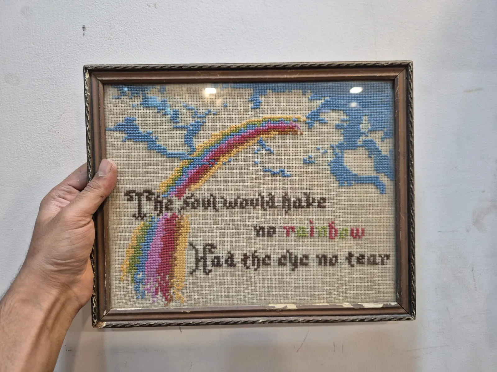 Vintage Cross Stitch Rainbow Quote Framed Wall Art — Wall Decor and Art prop for rent in Delhi NCR