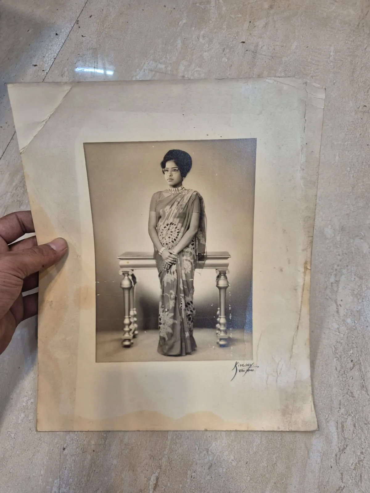 Vintage Sepia Woman Saree Console Table Printed Photograph — Wall Decor and Art prop for rent in Delhi NCR