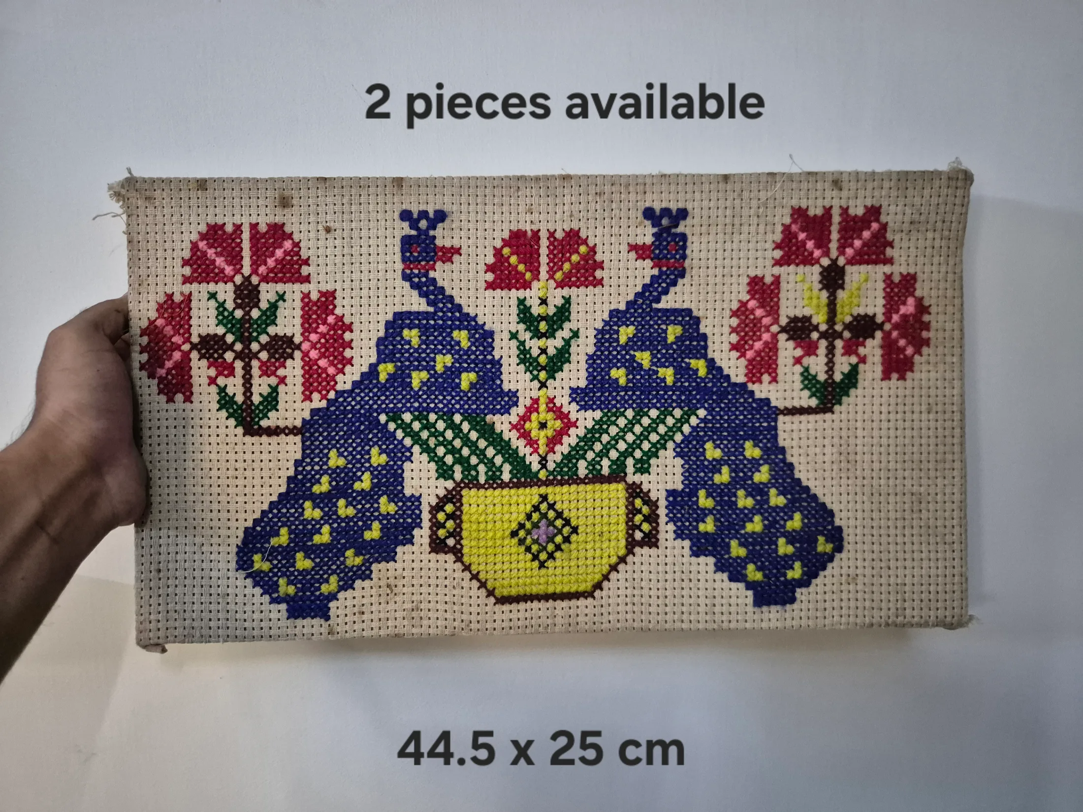 Multicolor Cross Stitch Embroidery Of Peacocks And Flowers — Wall Decor and Art prop for rent in Delhi NCR