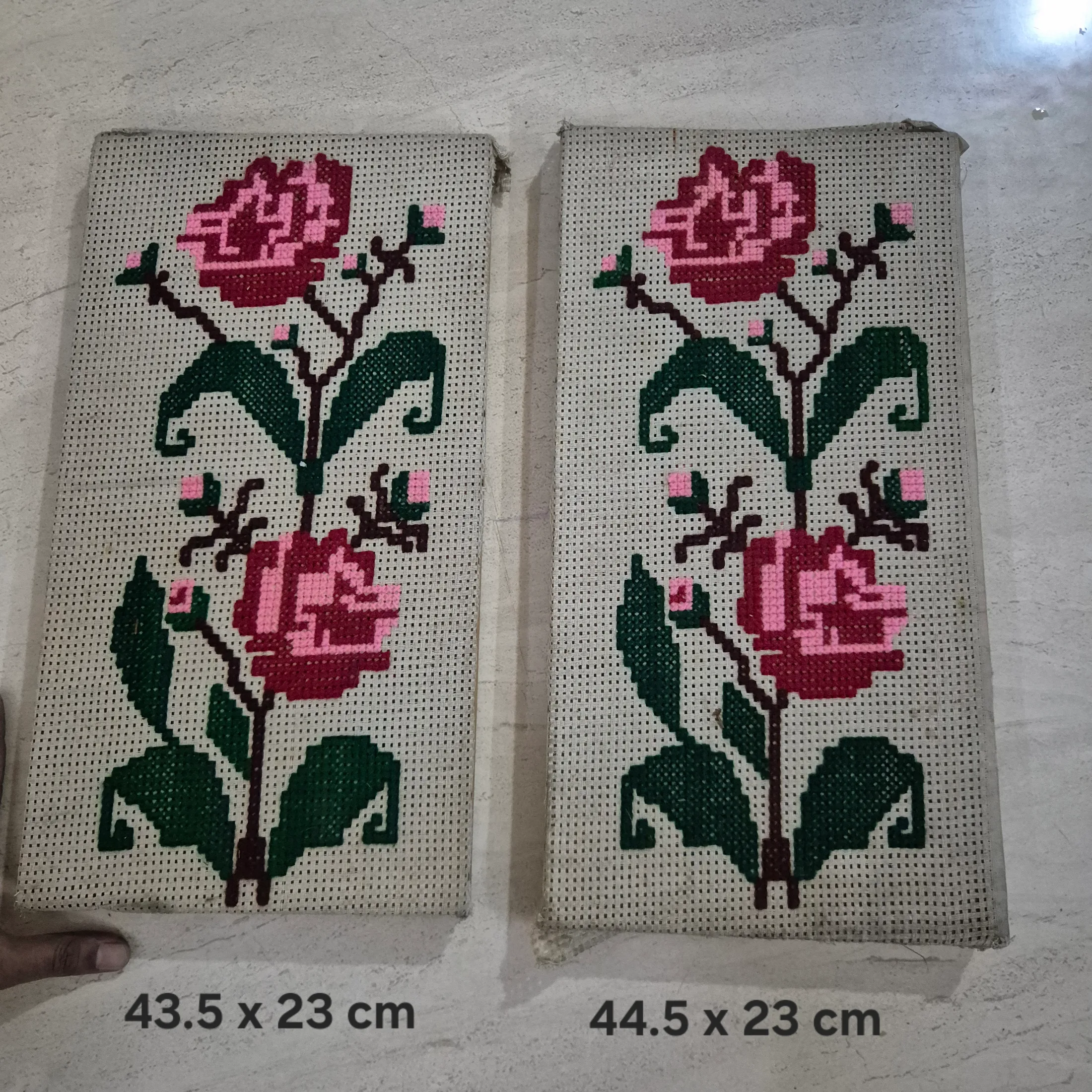 Pair Of Multicolor Cross Stitch Rose Panels — Wall Decor and Art prop for rent in Delhi NCR