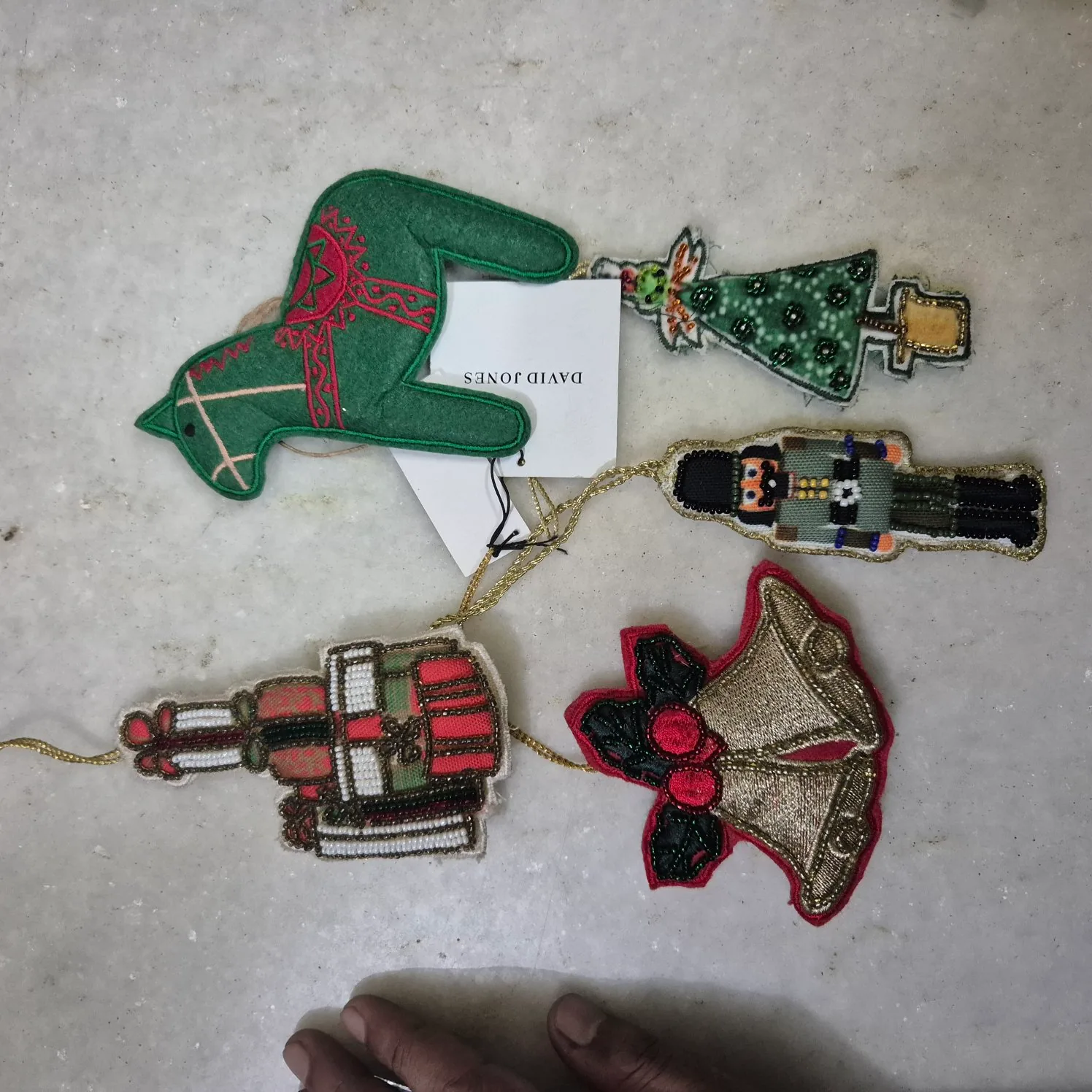 Set Of Assorted Felt Christmas Ornaments Boot Tree Nutcracker Bell — Wall Decor and Art prop for rent in Delhi NCR
