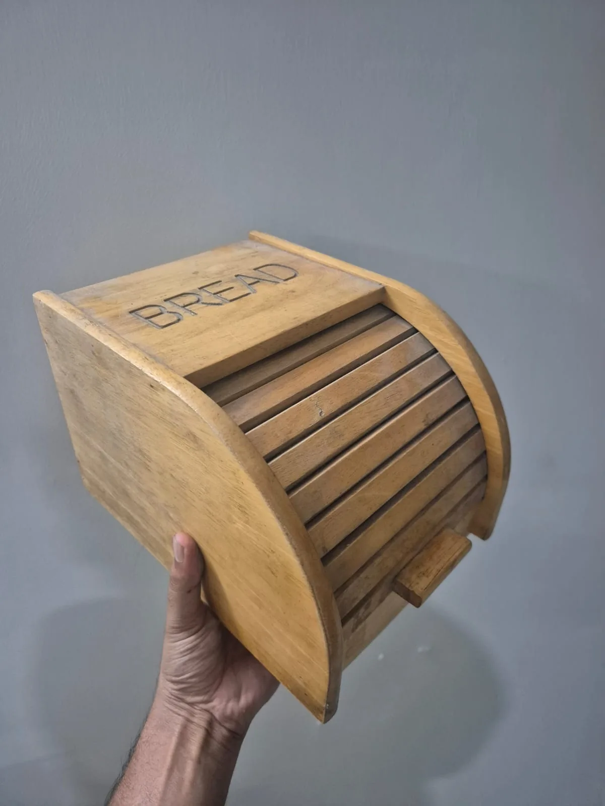 Vintage Wooden Bread Box with Rolltop Door — Storage and Containers prop for rent in Delhi NCR