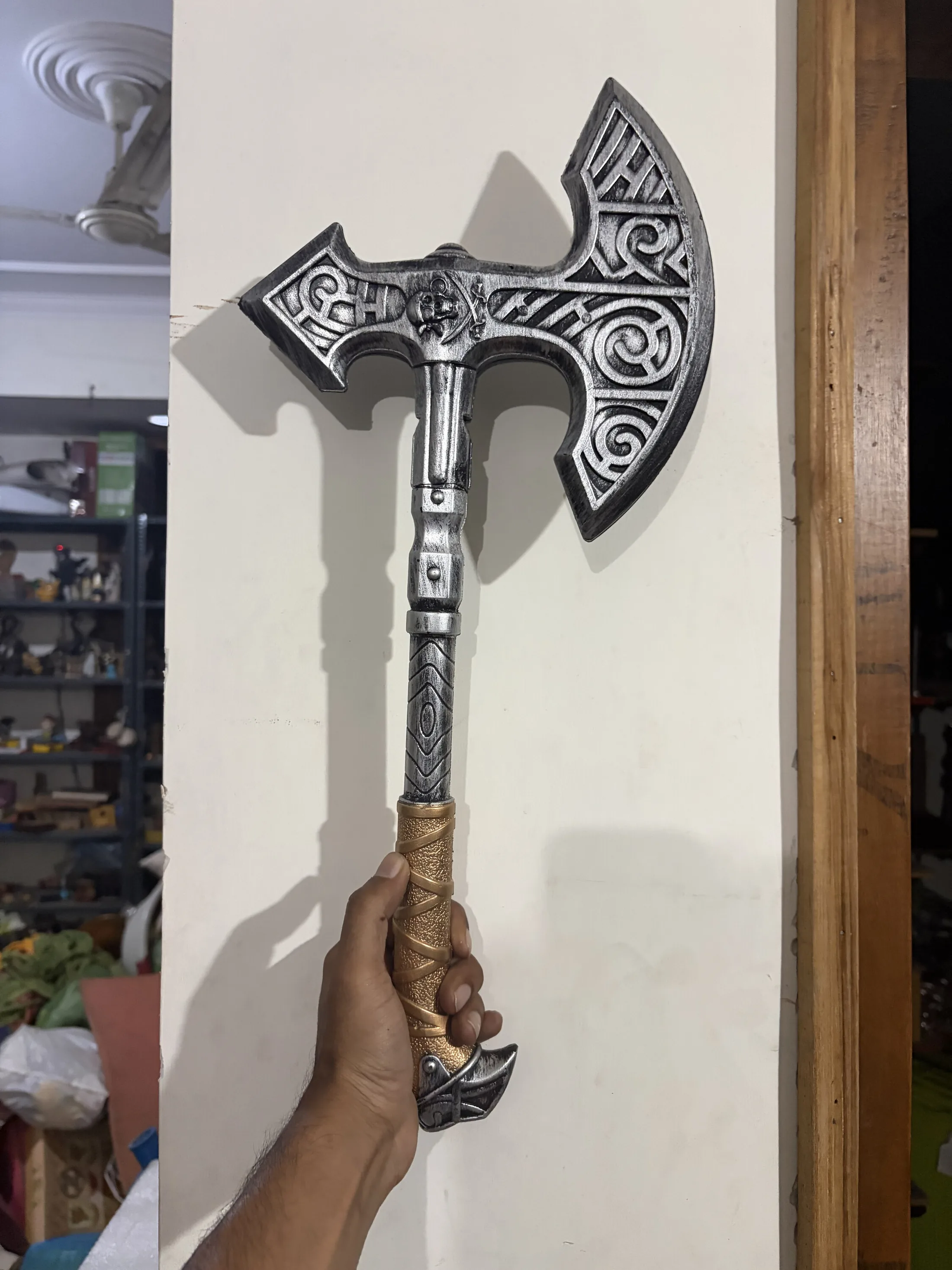 Silver Carved Double-Headed Battle Axe with Gold Grip — Weapons and Tactical prop for rent in Delhi NCR